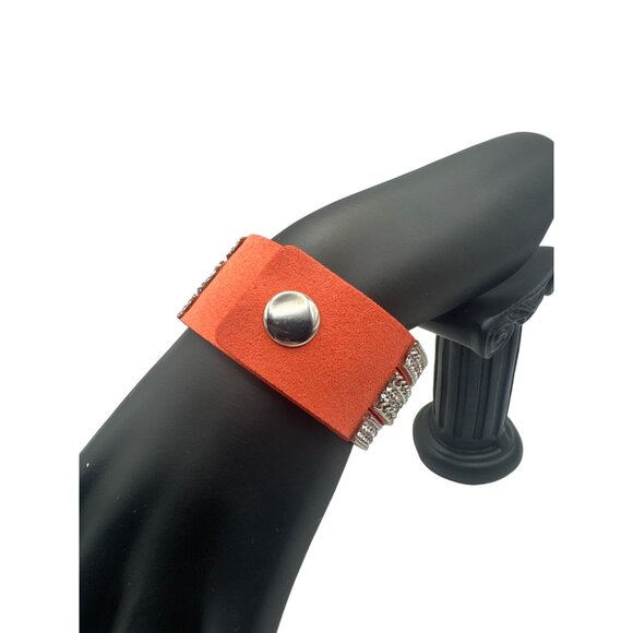 Wide Coral & Silver Chain Suede Wrap Bracelet With Snap Closure - Picture 3 of 6